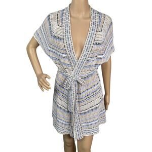 NIC+ZOE Beige Blue Striped Embroidered Belted Duster Cardigan SZ M